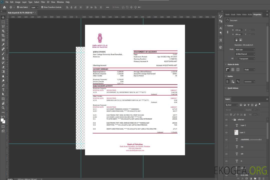 Relevé bancaire de la Banque palestinienne de Palestine xls template